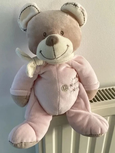 Doudou peluche Ours Rose Brodé Croix Echarpe beige TBE 31cm nicotoy simba dickie