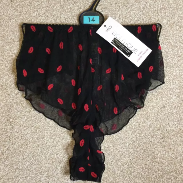 M&S Size 12 Boutique Flirty French Knickers Black See Through Mesh Red Lips