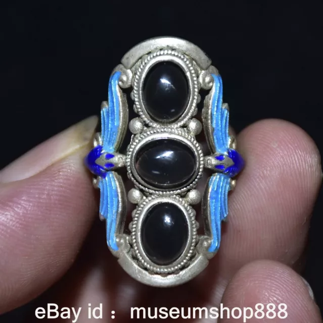 1.4" Old Chinese Miao Silver Cloisonne Black Gem Butterfly Jewelry Ring K14