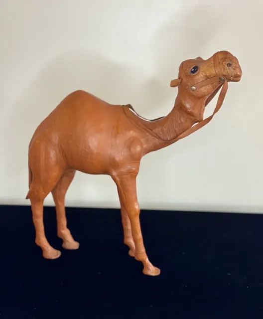 VINTAGE Leather Wrapped Camel Dromedary Figurine Statue 14" Glass Eyes