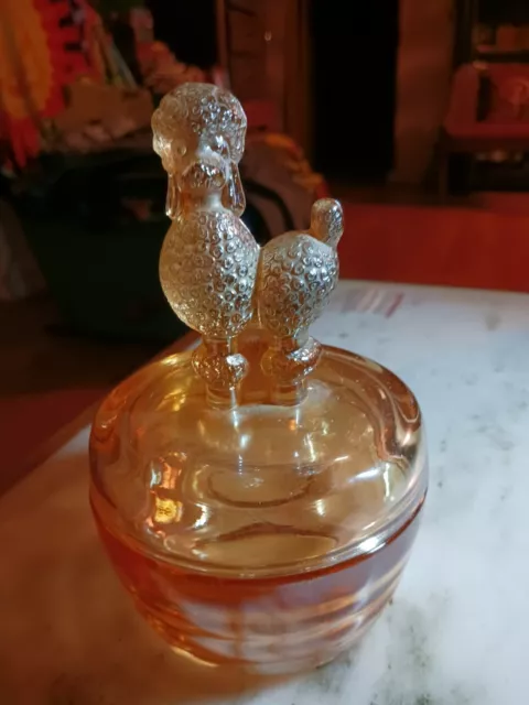 Vintage Jeannette Marigold Carnival Glass Poodle Dog Lid Covered Powder Jar