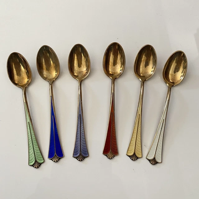 David Andersen Norway Sterling Silver Enamel 6 Demitasse Coffee Spoons