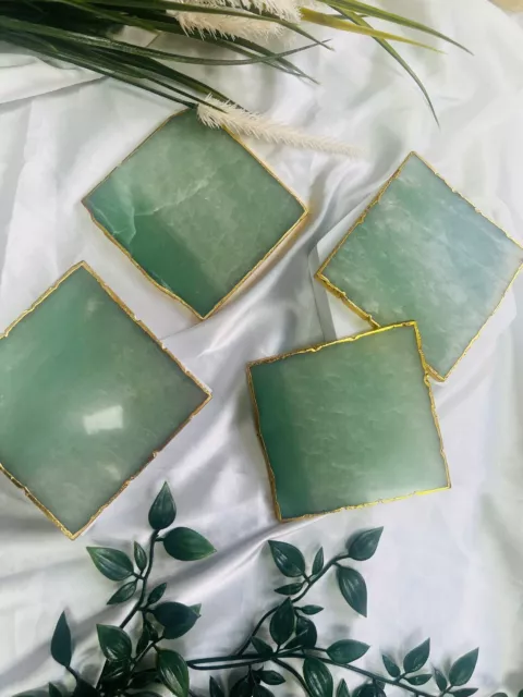 Green aventurine coasters with Gold Edge, gemstone coasters, natural Coaster