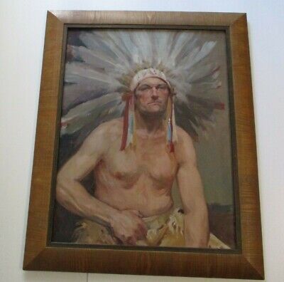 Large American Indian Painting With Headdress Chief Vintage 1950'S Portrait Old