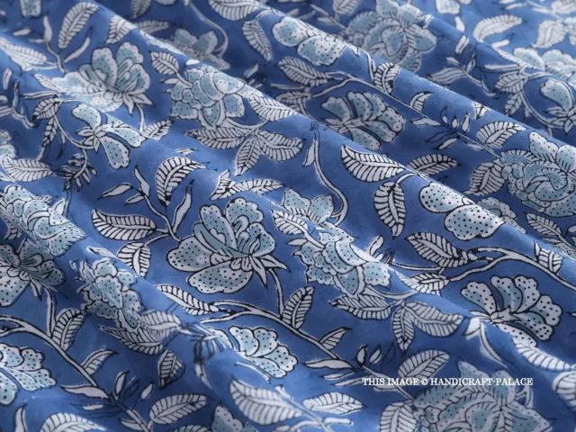 Indien Main Bloc Imprimé Tissu Coton Floral Bleu Loisirs Créatifs Voile Par 4.6m