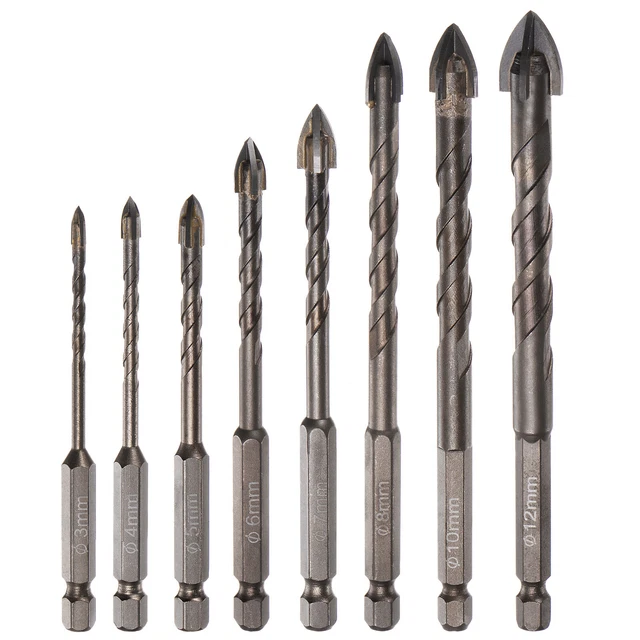 8pcs Titanium Masonry Drill Bit Set 3mm to 12mm Concrete Drill Bit w Hex Shank