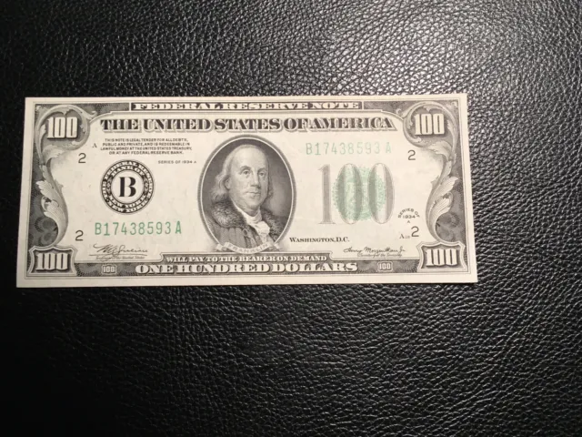100.00 1934A Federal Reserve Note Some Light Handing Original High-Grade