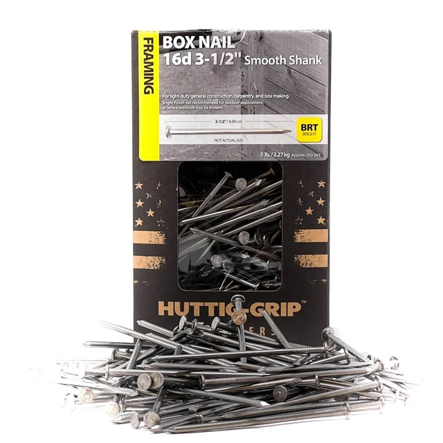 345 pcs Huttig-Grip 16d 3-1/2" Framing Box Nails, Smooth Bright HGN16BX5 - 5 lbs