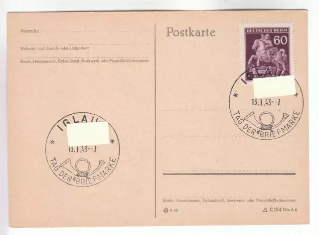 Böhmen und Mähren: Mi.Nr. 113 auf Karte mit SST IGLAU - Tag d. Briefmarke 1943