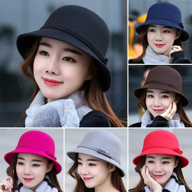 Winter Hats Women Bucket Cap Vintage Wool Felt Bowler Fedora Floppy Cloche Hat