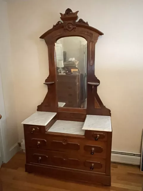 Victorian Eastlake Marble Top Dresser with Mirror and Walnut and Walnut Burl