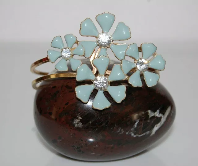 Elegant Couture Large Blue Enamel Flowers & Rhinestones Clamper Bangle Bracelet 2