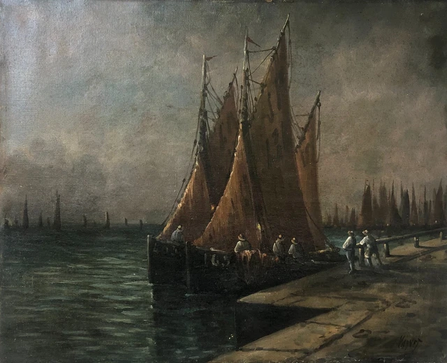 Tableau Ancien Signé, Marins à Quai, Huile Sur Toile, Peinture, Fin XIXe