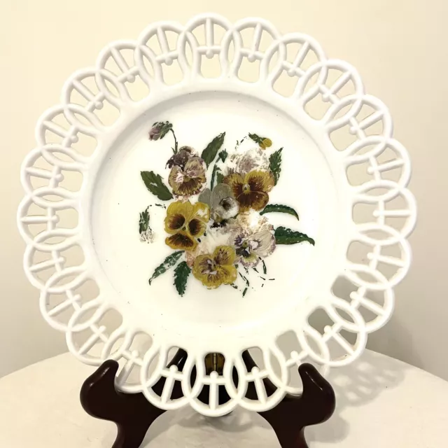 Milk Glass Plate Reticulated  Edge Vintage Floral Pansy Hand Painted 9 ‘