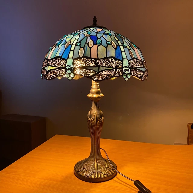 Tiffany Blue Dragonfly Style Table Lamp 16 Inch Stained Glass Shade Handcrafted