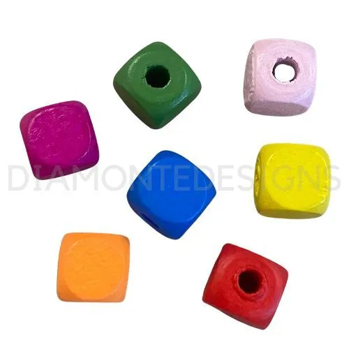 10mm Mixed Colour PLAIN WOODEN  Cube Beads Jewellery Craft Beading Kids UK