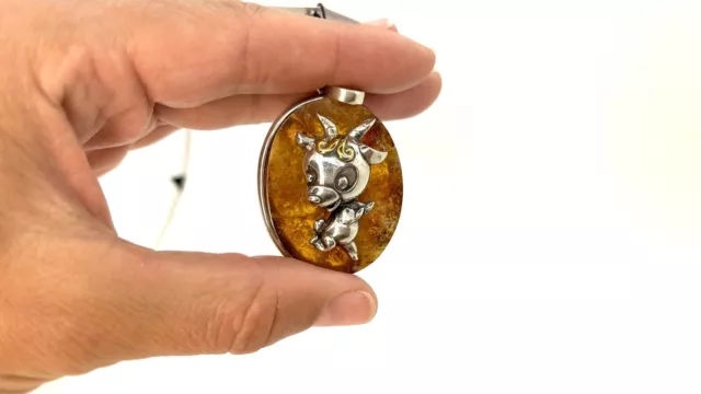 Goat Capricorn Silver Pendant On Natural Amber Plate Oval Shape Gold Plated Gift