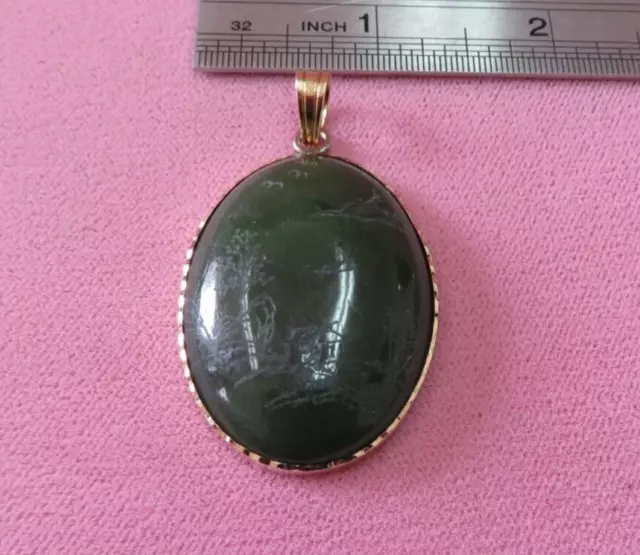 Large Vtg 14k Solid Y. Gold Framed Scenic Carved Nephrite Jade Pendant 17 G