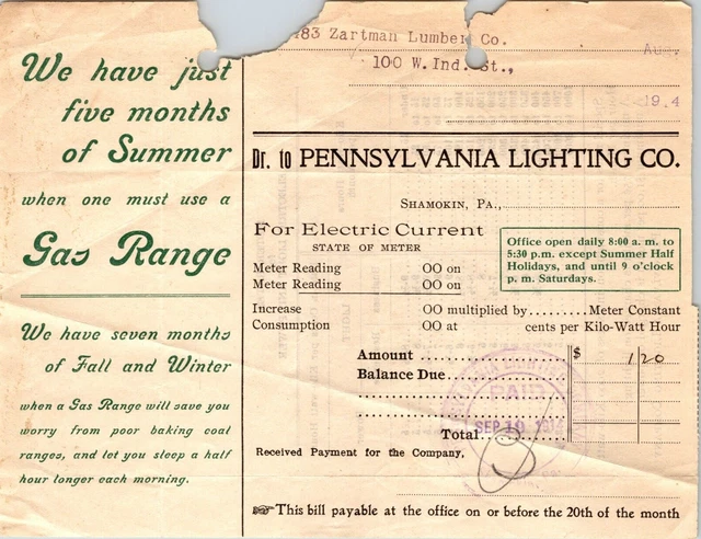 Pennsylvania Lighting Co Shamokin PA 1914 Billhead for Electric Current