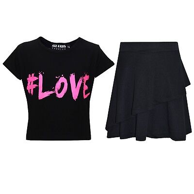 Kids Girls Tops #Love Black Crop Top & Double Layer Skater Skirt Set 7-13 Years