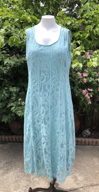 Candalite Dress XL Xlarge Aqua Blue Sleeveless Lined Lace Midi Scoop Neck EUC