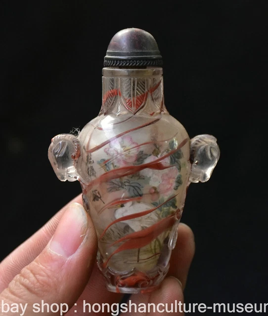 3.2" Old Chinese Crystal Painting Dynasty Cranes Snuff box Snuff Bottle