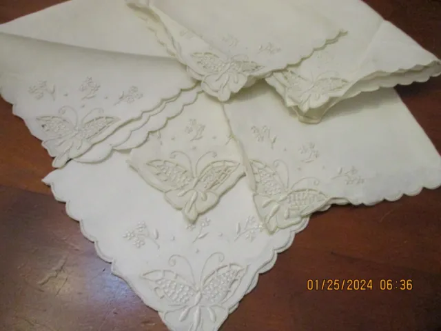 6 Vintage Madeira Embroidered cut work linen white Tea napkins butterflies, 11"