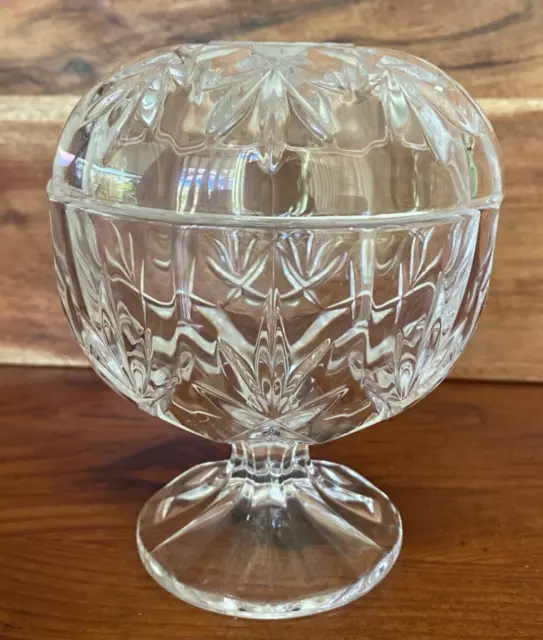 Vintage Crystal Cut Glass Footed Pedestal Trinket Candy Dish Bowl with Lid