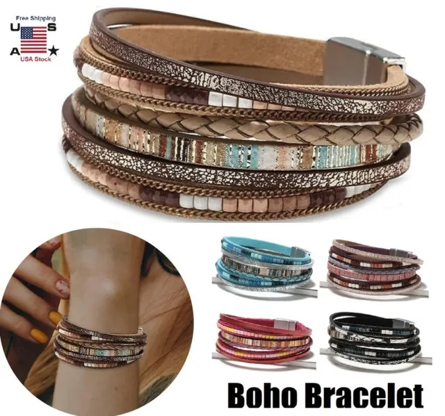 Boho Multilayer Leather Bracelet Wristband Charm Bangle Men's Women Jewelry USA
