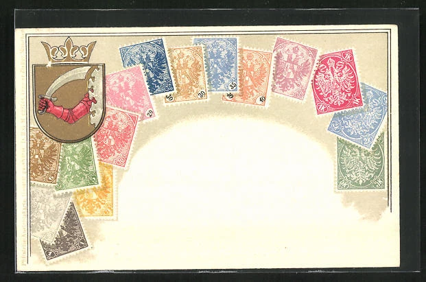 Präge-AK Bosnien, Briefmarken, Wappen mit Säbel