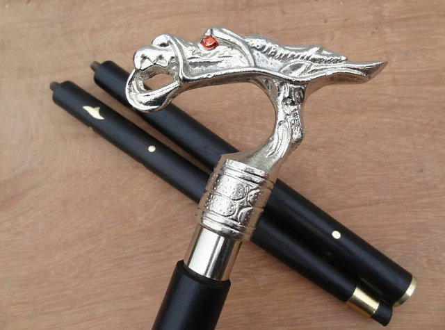 Poignée Tête De Dragon En Laiton Argent Canne En Bois Marron Canne De...