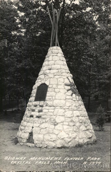 RPPC Crystal Falls,MI Ojibway Monument,Pentoga Park Iron County Michigan EKC