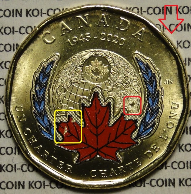 *Multiple errors*strike through*BU UNC Canada 1945-2020 $1 UN Charter color coin