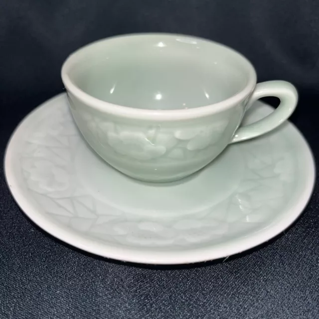 Vintage Japan Celadon Tea Cup With Handle  & Saucer Set Lotus Flower Embossed ⬇️