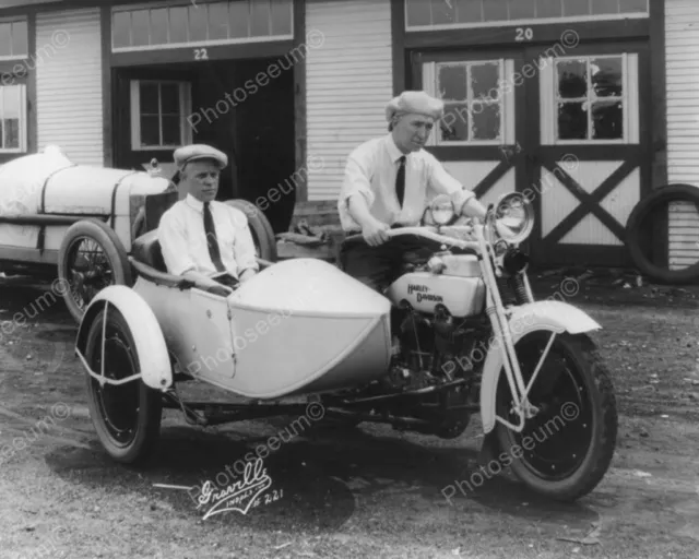 Men & Antique Harley Davidson Motorcycle Old 8' -10 B&W Photo Reprint