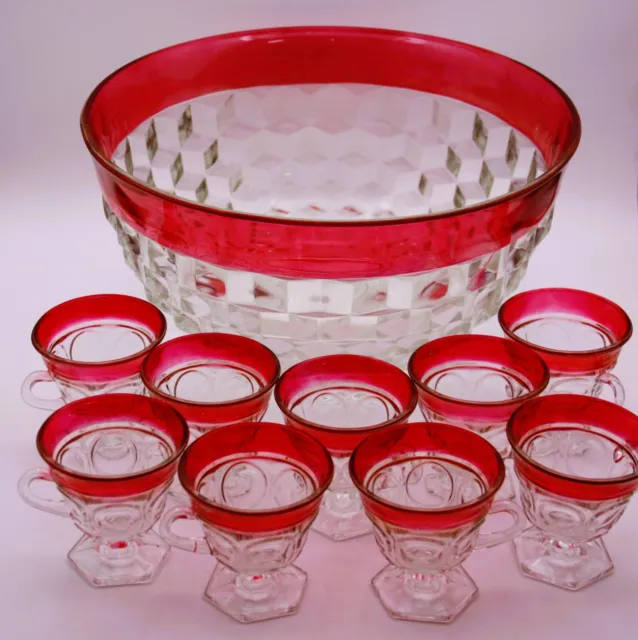 Indiana Glass Ruby Flashed Whitehall Punch Bowl & 9 King's Crown Punch Cups