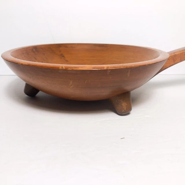 MUNISING Footed Brown Wooden Bowl w/ Handle Wood Handled Serving Dish Vintage 2