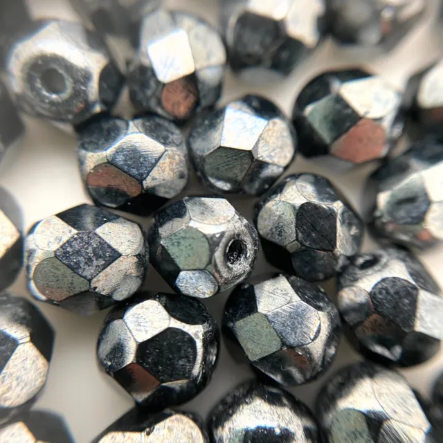 Vintage Faceted Iridescent Gray Czech Glass Oval Spacer Beads (6mm) (GRCG54)