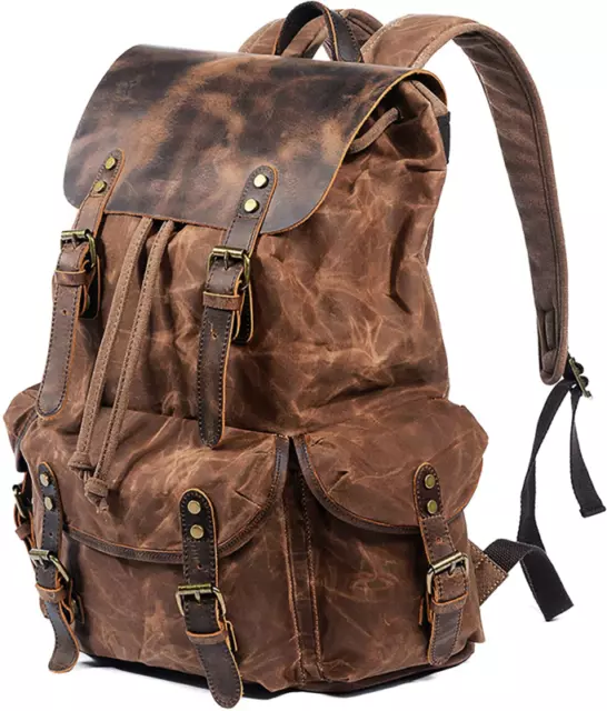 HuaChen Travel Canvas Backpack for Men Women,Vintage Leather Waxed Rucksack,Larg