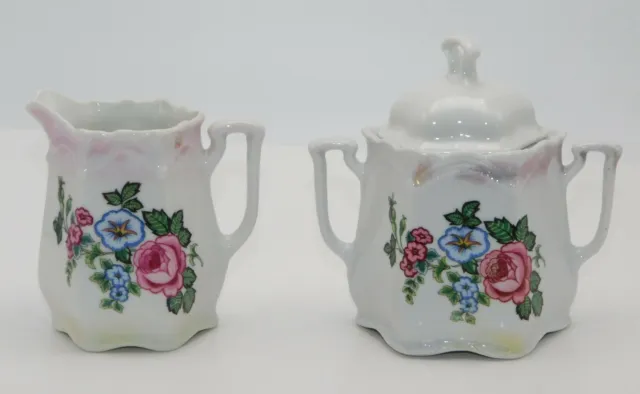 NPS Silesia Germany Creamer and Handled Covered Sugar Pink & Blue Flowers