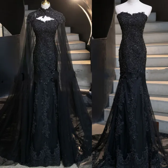 Gothic Black Mermaid Wedding Dresses with Cape Lace Appliques Lace Bridal Gowns
