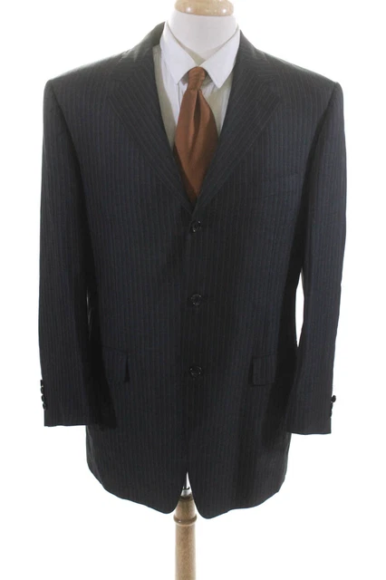 Canali Mens Silk Striped Three Button Blazer Black Blue Size EUR 52 Long