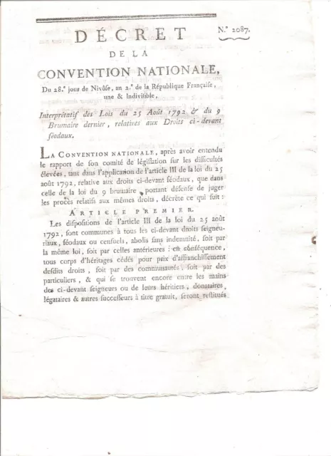 DECRET DE LA CONVENTION NATIONALE/An 2/ Droits ci-devant féodaux