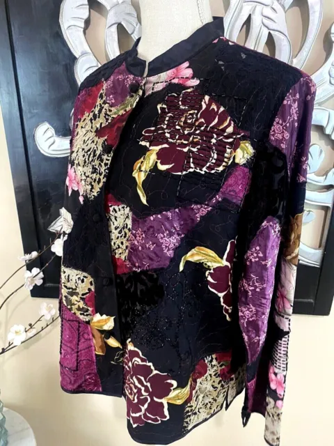 SILK Patchwork Laura Ashley Beads Button Embroidered Asian Velvet Jacket PL EUC