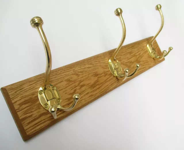 In 7 sizes SOLID OAK WOODEN SOLID BRASS HAT & COAT HOOKS RAIL RACK BOARD CD89