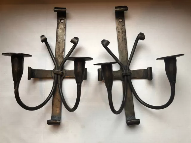 Pair of Vintage Antique Hand Made Forged Metal Iron Rustic Candle Wall Sconces