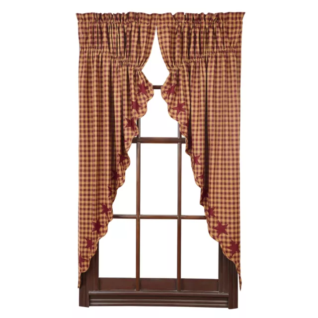 New Country Primitive BURGUNDY TAN CHECK STARS PRAIRIE SWAGS Window Curtains