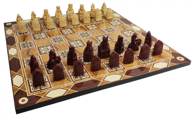 Antique White & Red Mini Isle of Lewis Chess Set With 17" Burlwood Color Board 2