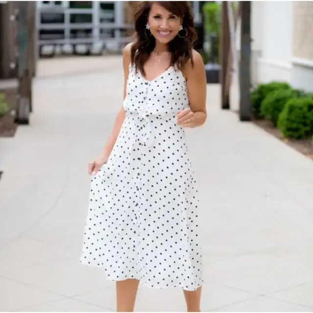Nordstrom BP Womens Midi Dress Size Small White Polka Dot Tie Front Spring Chic