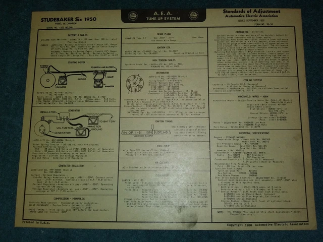 1950 STUDEBAKER CHAMPION Wiring Diagram & Tune-Up Chart Useful